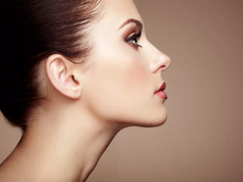 A imagem mostra o rosto de uma mulher branca de perfil. Ela tem os cabelos castanhos presos em um coque para trás, seus lábios estão cerrados e o rosto maquiado. O fundo da imagem é marrom.