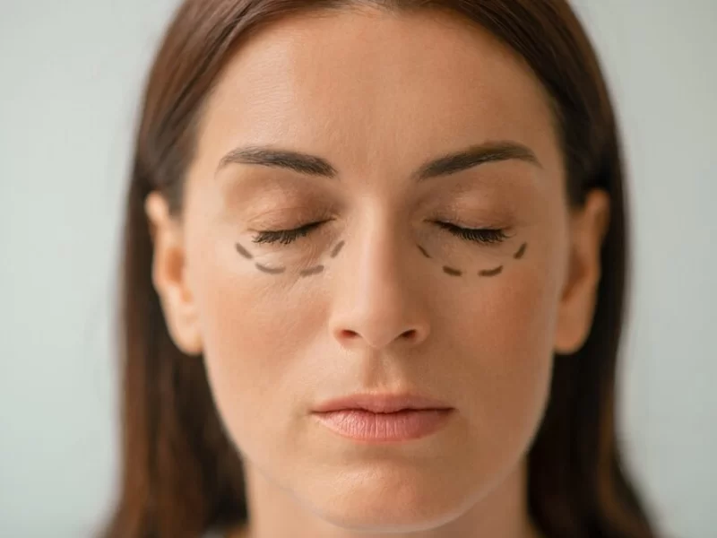 A imagem mostra o rosto de uma mulher branca, com cabelos castanhos e lisos, penteados para trás. Ela está com os olhos fechados e linhas pretas estão desenhadas em suas pálpebras inferiores. O fundo da imagem é cinza.