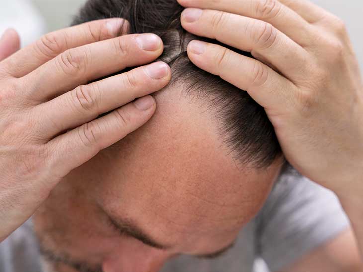 Foto de um homem branco, repartindo o cabelo, que é de cor escura. Enquanto isso, ele checa seu couro cabeludo, em busca de entradas que indiquem o processo de queda acentuada.