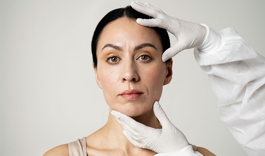 A imagem mostra uma mulher encarando a câmera de frente. Ela tem cabelo escuro e olhos castanhos. As sobrancelhas estão levemente arqueadas e ela veste uma regata bege. Duas mãos, com luvas, tocam a face da mulher: a mão direita na região do topo e lateral da cabeça e a mão esquerda está posicionada levemente no maxilar da mesma.