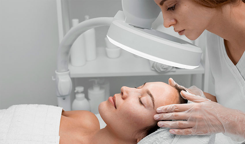 A imagem mostra uma mulher de olhos fechados e cabelos escuros deitada em uma maca, com uma luz acima do rosto. Ela tem uma toalha na região do peitoral e outra toalha nos cabelos. Uma segunda mulher observa acima da cabeça da primeira, com as mãos, com luvas, levemente postas nas têmporas da mulher deitada.