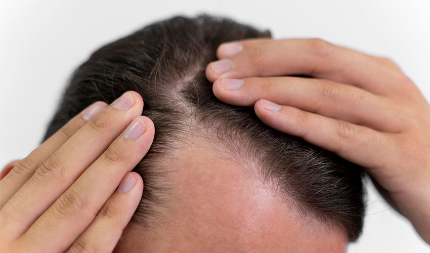 A imagem mostra o topo da cabeça de um homem de cabelos escuros. Com a ponta dos dedos, ele reparte o cabelo no canto direito da cabeça, próximo a uma entrada. O fundo da imagem é claro.