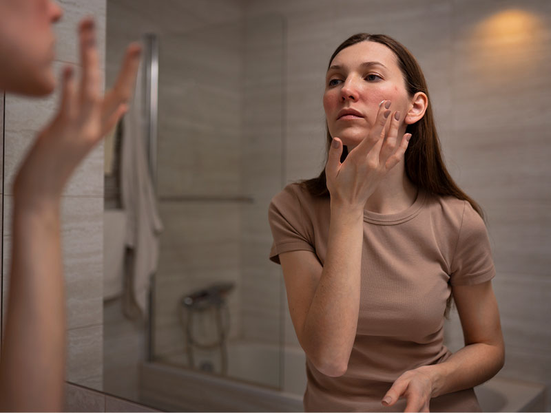 A imagem mostra uma menina de pele branca e cabelos longos e castanhos se olhando no espelho. Ela tem a região das bochechas afetadas pela rosácea e está passando um creme nesta área. Ela veste uma blusa marrom e suas unhas estão pintadas da mesma cor.