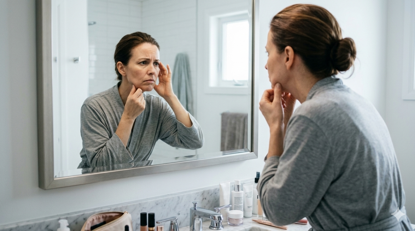 Mulher avaliando o seu contorno facial no espelho, demonstrando preocupação com a flacidez e o derretimento facial gerados após processo de emagrecimento.